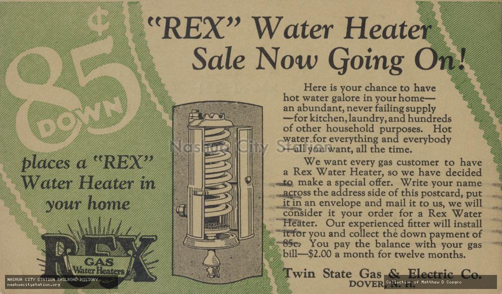 Postcard: "REX" Water Heater Sale Now Going On!